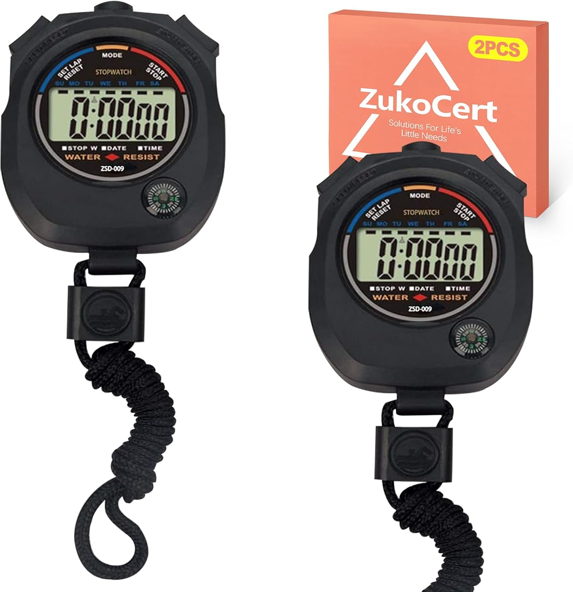 ZukoCert Digital Stopwatch Timer, 2 PCS Handheld Sports Stop Watch with Large Display Date Alarm, Professional Stopwatches for Coaches Referees Fitness Training