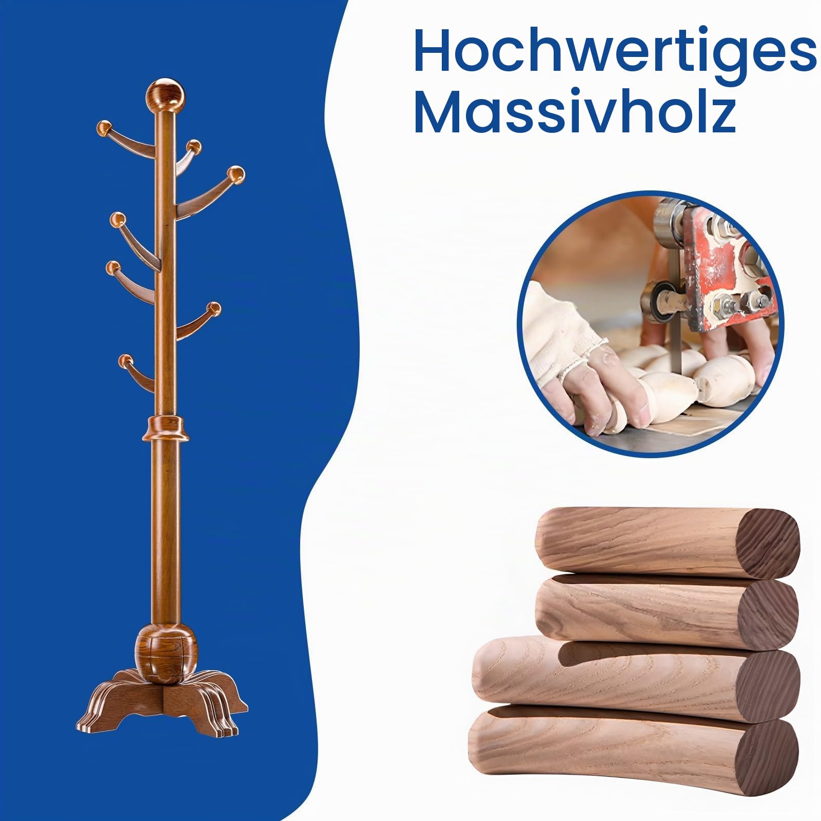 Garderobenständer aus Massivholz mit Vierfüßiges Gestell, Garderobe in Baumform mit 6 CM Dickerer Hauptpol, Jackenständer mit 7 Haken, für Jacken, Mäntel, Taschen, Schals