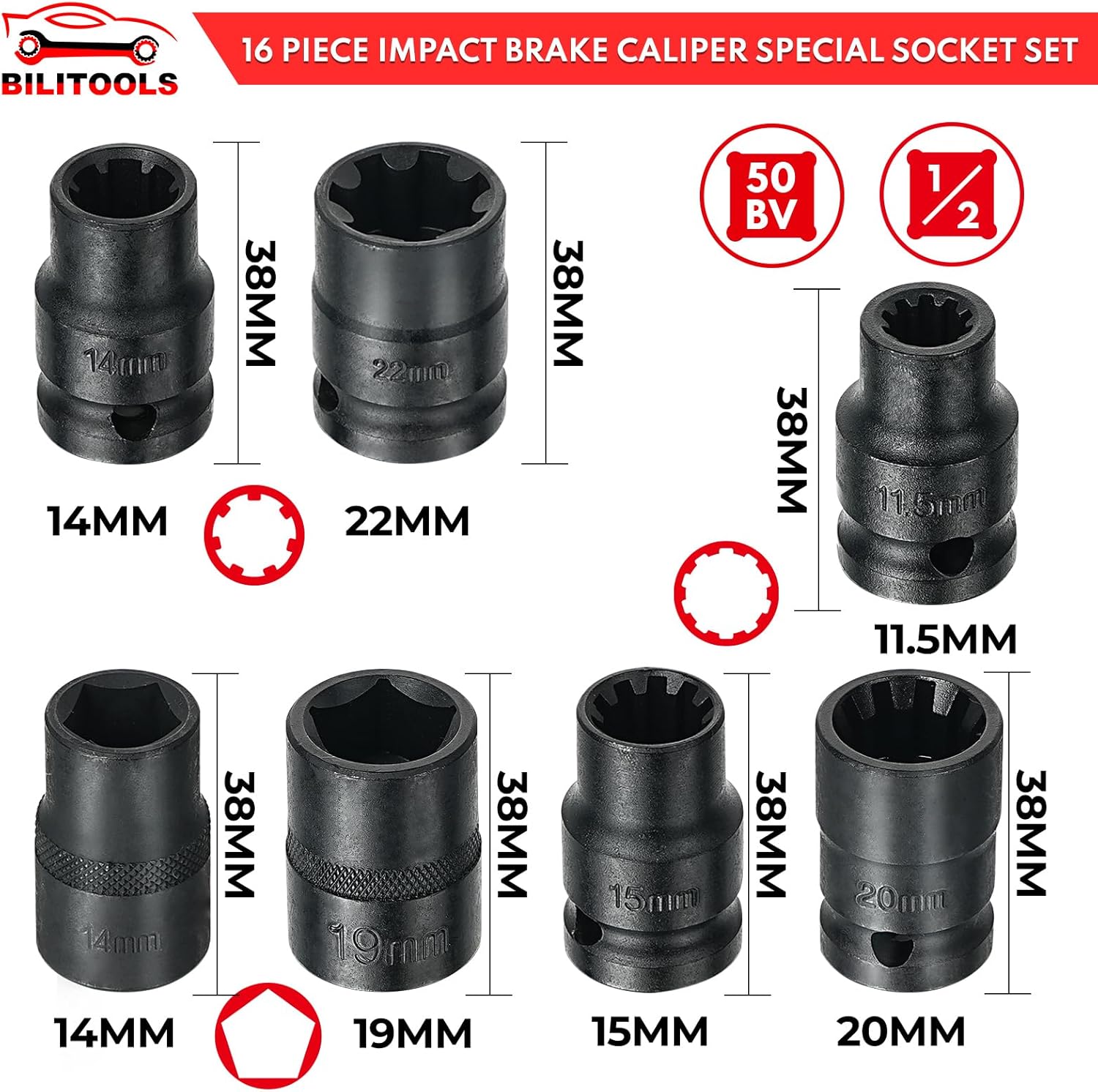 BILITOOLS Brake Pad Spreader with 16-Piece Impact Brake Caliper Socket Set