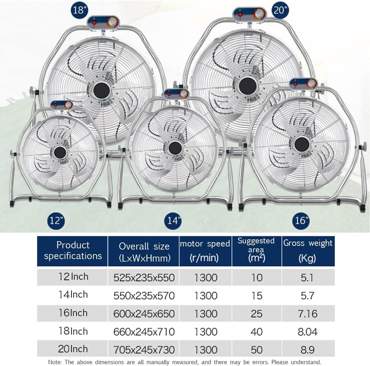 Ventilador de suelo industrial resistente con flujo de aire de alta velocidad para garaje, comercial y uso residencial
