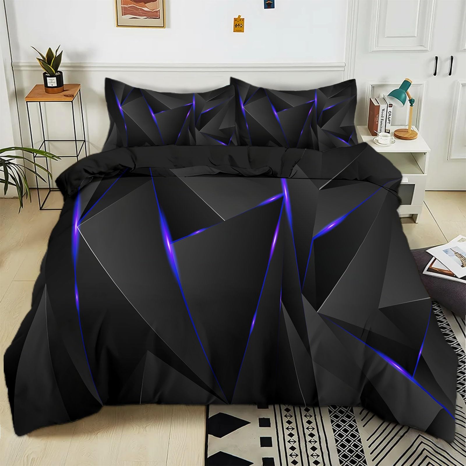 Copripiumino 135x200 cm Triangolo Solido Geometrico Nero Set Copripiumino in Microfibra Cotone, Reversibile Biancheria da Letto 3 Pezzi, Copripiumone con Cerniera e 2 Federe