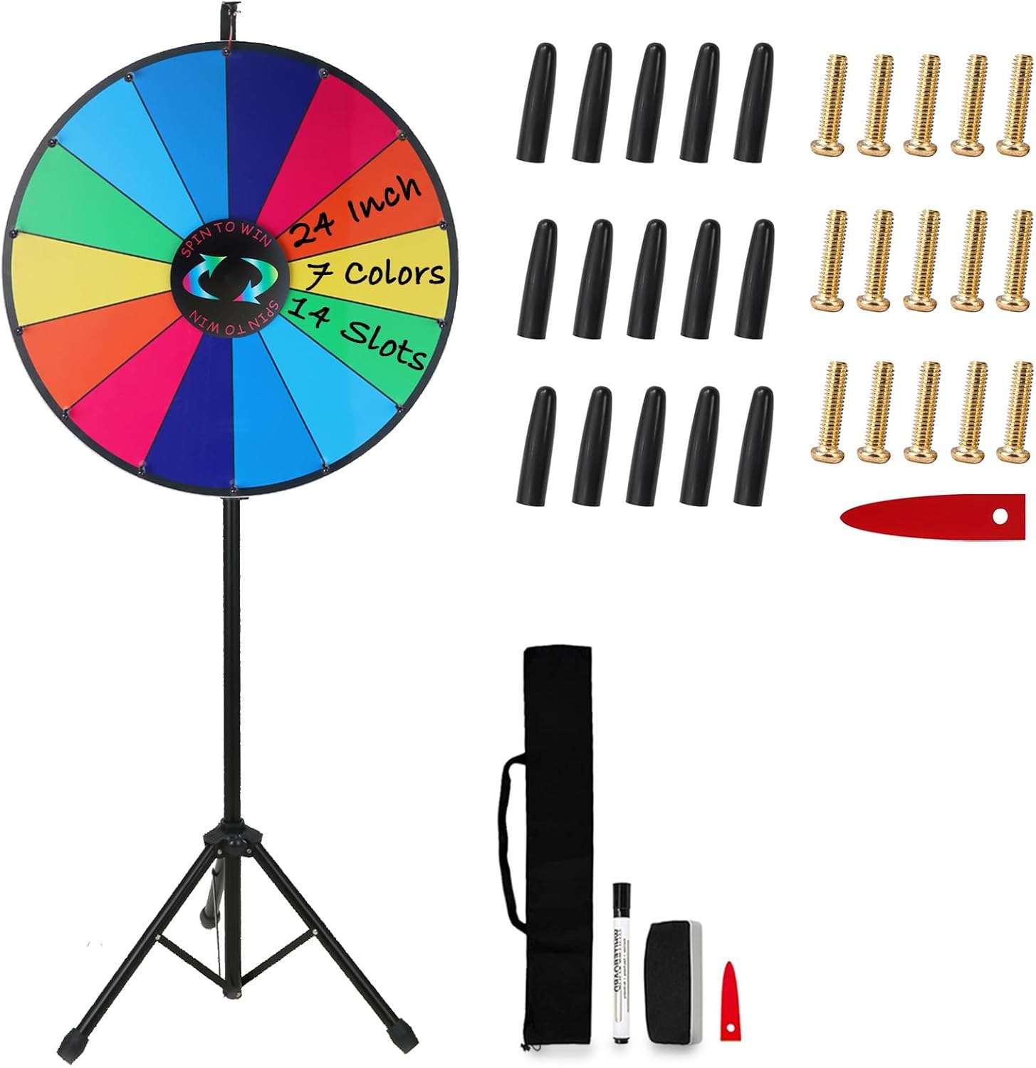 iElyiEsy Spinning Prize Wheel 24 inch with Folding Tripod Floor & Spinning Prize Wheel Pegs with Red Pointer & Nuts Carnival Wheel Pegs Replacement Kit