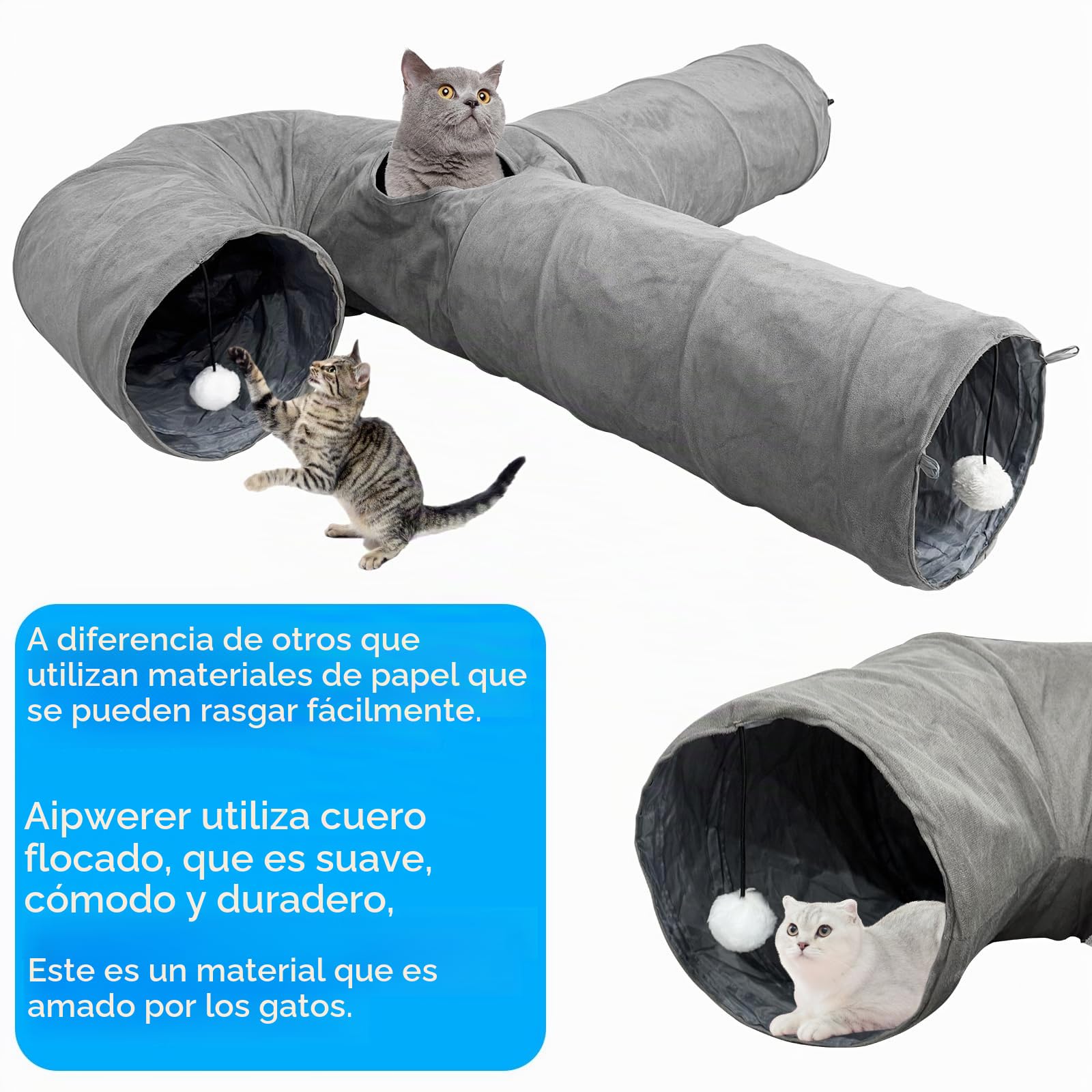 Túnel para Gatos Plegable, Juguete túnel de Gato en Gamuza, Juguete con Pompón y Colgante para Gato, Gran túnel para Gato de Interior Conejos, para Gatos,Cachorros,Conejos,Cobayas (U-Gris)