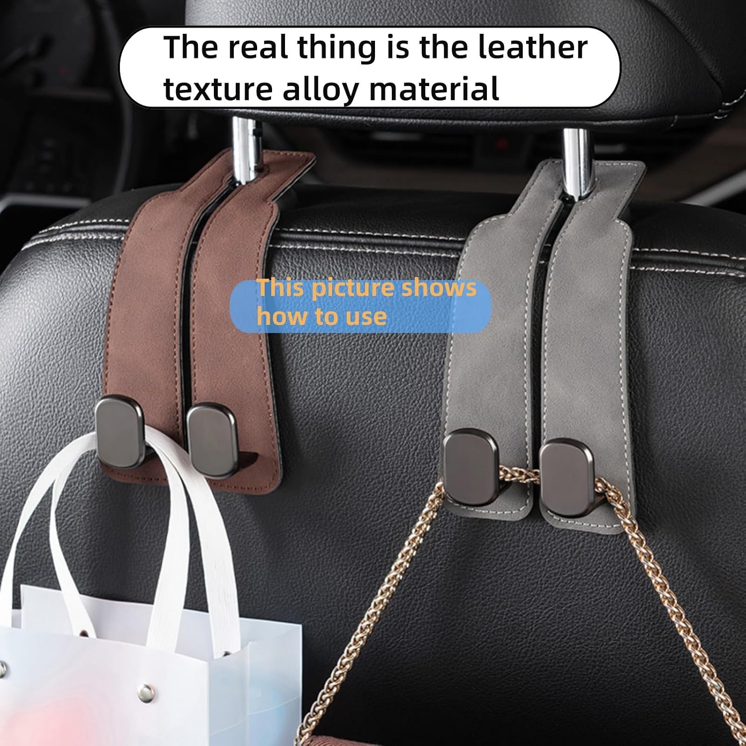 Coozyland Car Hooks, Coozy Land Metal Multi-Function Leather Car Headrest Hooks, Universal Double Hook Car Seat Back Storage Hooks for Wallets, Handbags, Bottles, Trash Bags, etc(Brown 4-Pack)