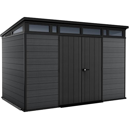Keter Cortina 11x7 Ft All-Weather Storage Shed with Skylight, Window, Built-in Ventilation, Customizable Walls, & Lockable Double Doors, Graphite