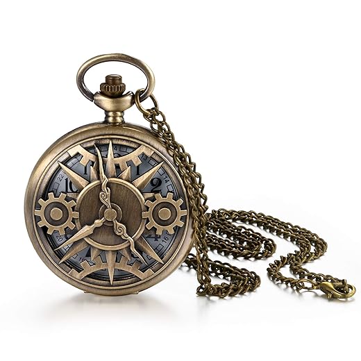 JewelryWe Vatertagsgeschenk Taschenuhr Herren Retro Zahnrad/Schädel/Römische Ziffern/Sternzeichen Weltkarte Kettenuhr Analog Quarz Uhr Anhänger mit Halskette Kette Bronze Geschenk für Männer