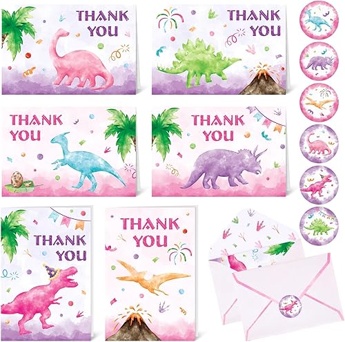 WERNNSAI Tarjetas de agradecimiento de dinosaurios, 24 unidades, decoraciones de cumpleaños de dinosaurios rosados, tarjetas de felicitación con