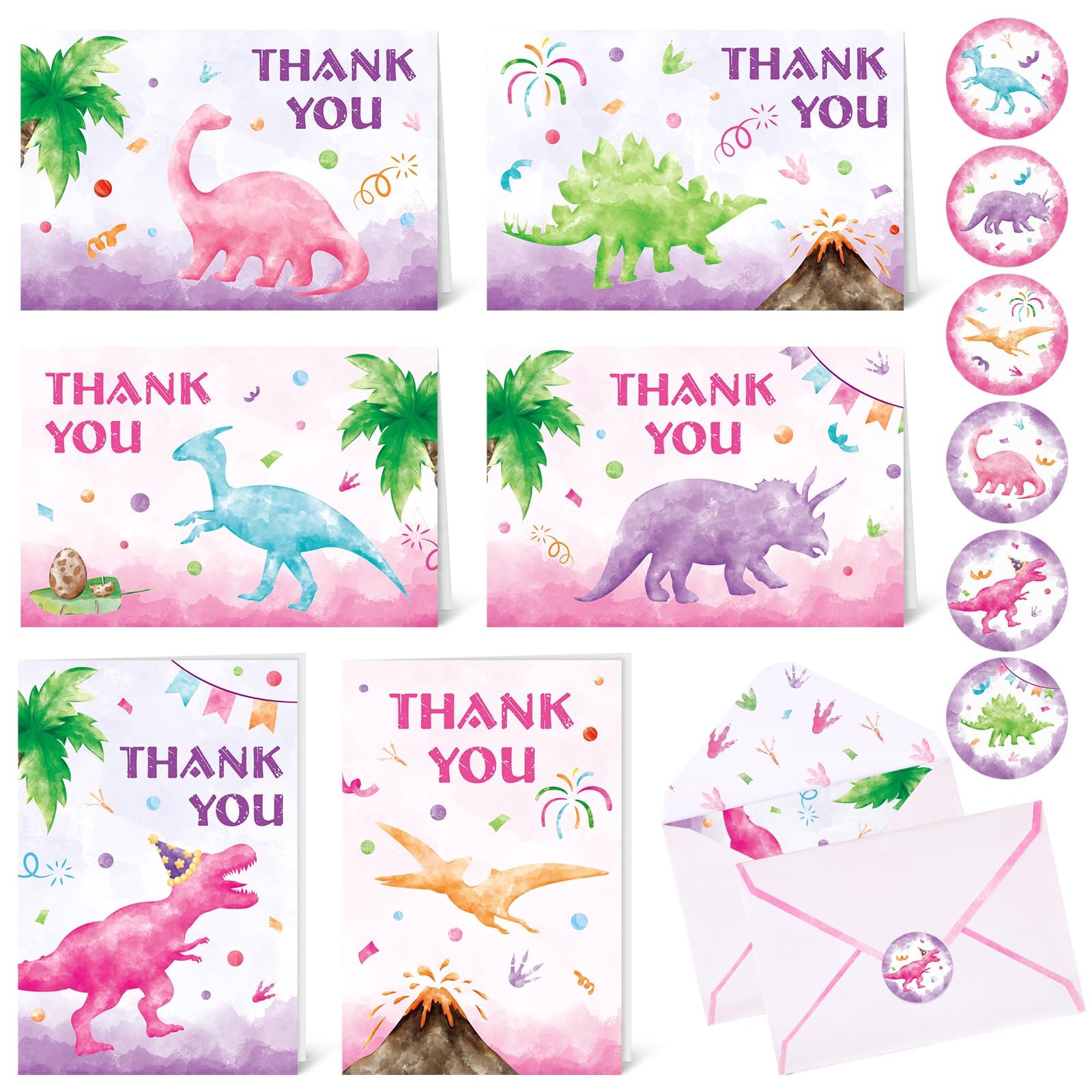 WERNNSAI Dinosaur Thank You Cards - 24 PCS Pink Dinosaur Birthday Decorations Greeting Cards with Envelopes Stickers for Girls Kids Fill in Blank