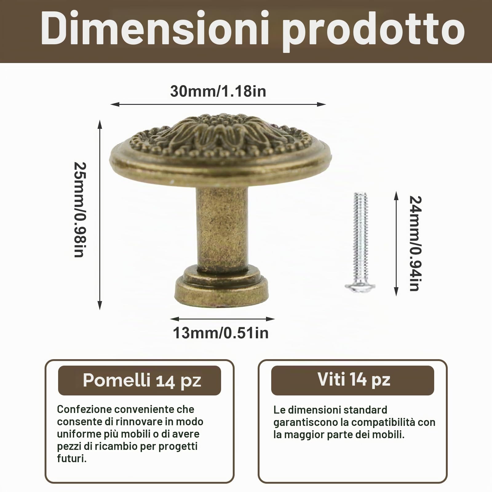 14 pomelli in bronzo antico per armadietti, maniglia vintage per cassetti, motivo floreale, maniglia retrò per cassettiere, mobili, credenze, guardaroba