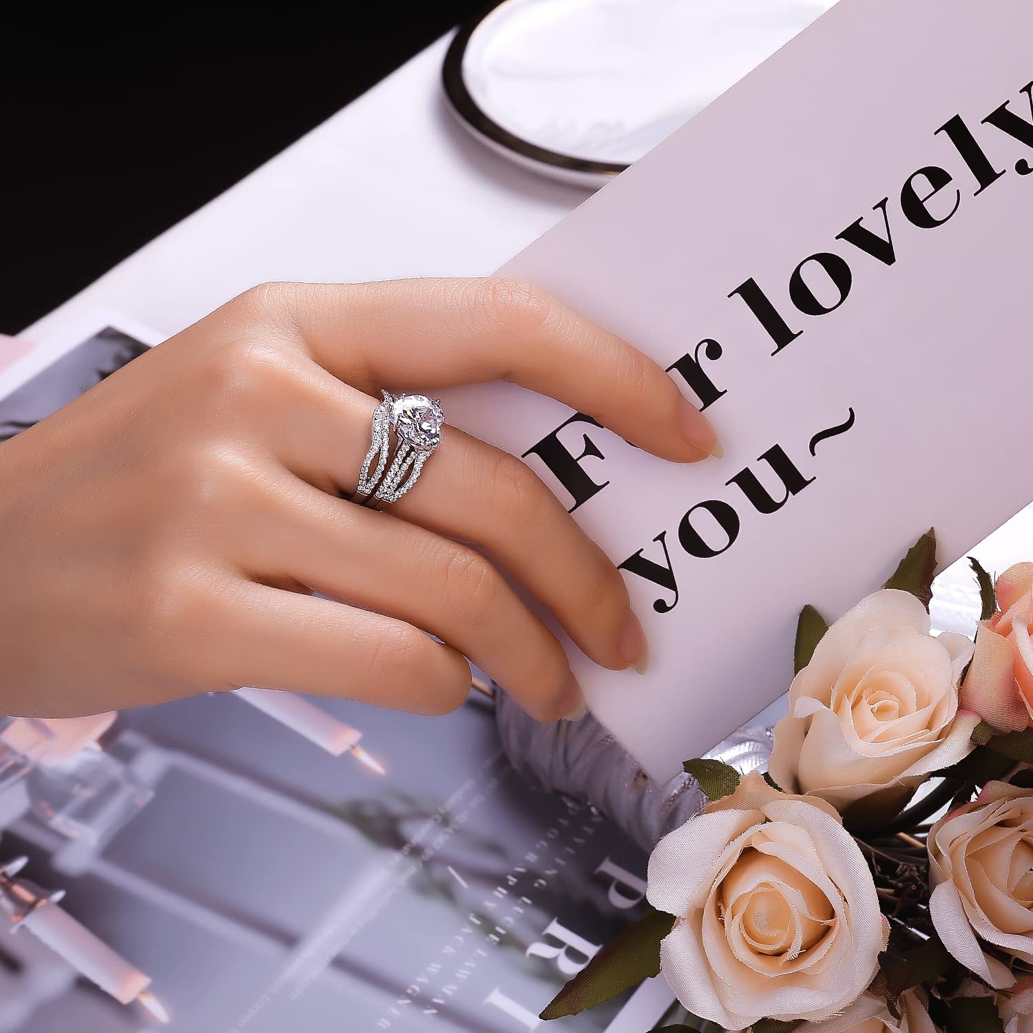 JewelryPalace Set Anillo Compromiso Mujer Plata Oro 14k Oro Rosa, Solitario Anillo Apilable 3ct Circonita Corte Corazón, Anillo Promesa Diamante Simulado, Banda de Boda Eternity Conjunto de Novia