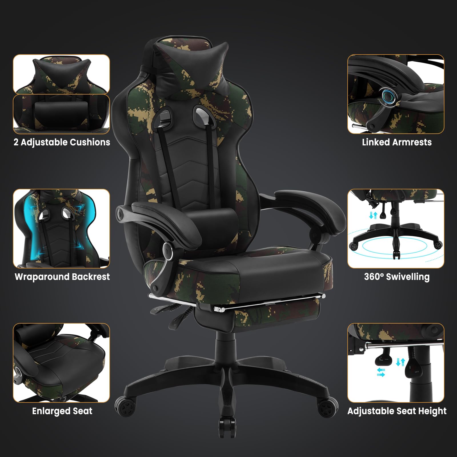 WOLTU Chaise Gaming, Chaise Bureau Ergonomique en PU Cuir, Fauteuil Gaming avec Repose-Pieds, Pivotante Grand Dos & Grand Siège pour Personne Lourde, Livestream Siege Gamer, Camouflage