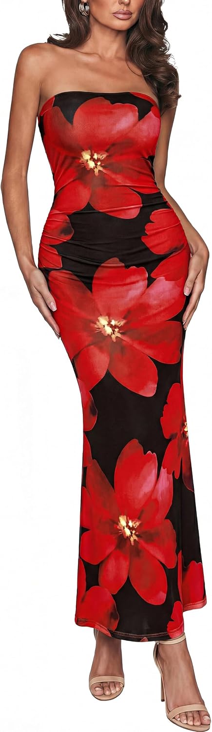 PRETTYGARDEN Womens Spring Dresses 2026 Sexy Strapless Tube Bodycon Mesh Ruched Floral Maxi Dress Wedding Club Outfits