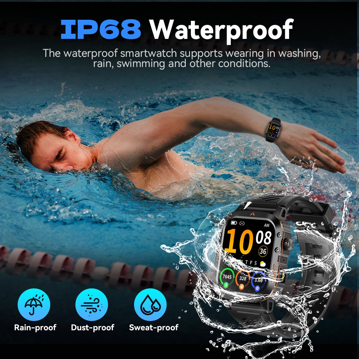 Reloj inteligente militar para hombre, altímetro, barómetro, brújula, IP68, resistente al agua, apto para natación, contestar/hacer llamadas, para actividades al aire libre, reloj de fitness
