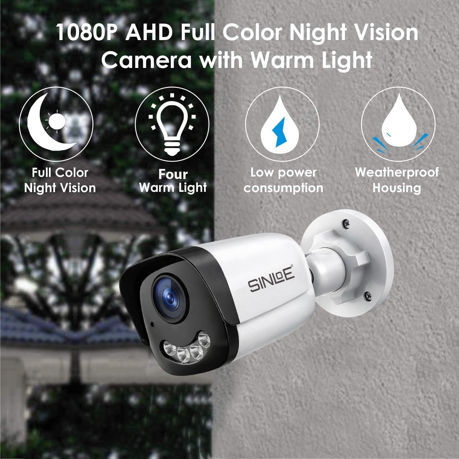 SINLOE Wired 2 MP Color Night Vision Day/Night 24 Hour Full Color Vision 1080P Full HD AHD Weatherproof Bullet Outdoor CCTV Compatible for All 2MP and Above AHD Supporting DVRs, 4 Unit 2