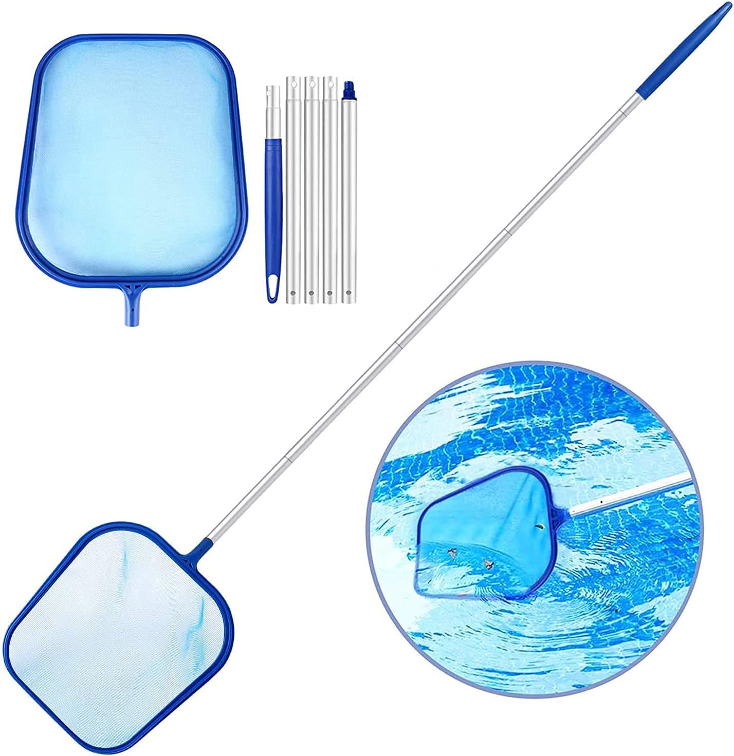 ZERIRA Pool Skimmer Net with 5 Knots 47" Detachable Pole Leaf Skimmer Net Mesh Rake Net for Spa Pond Swimming Pool, Pool Cleaner Supplies and Accessories