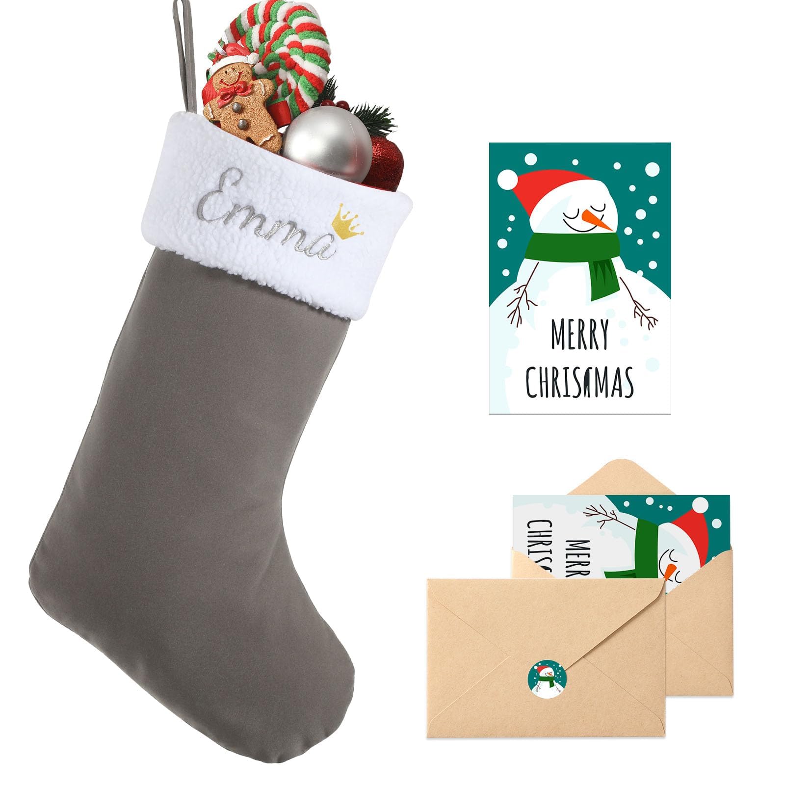 Loosusu Personalised Christmas Stockings with Christmas Cards,Custom Embroidered Name Monogram Christmas Stocking for Family,18" Large Grey Flocking with Plush Cuff Stockings for Fireplace Decor