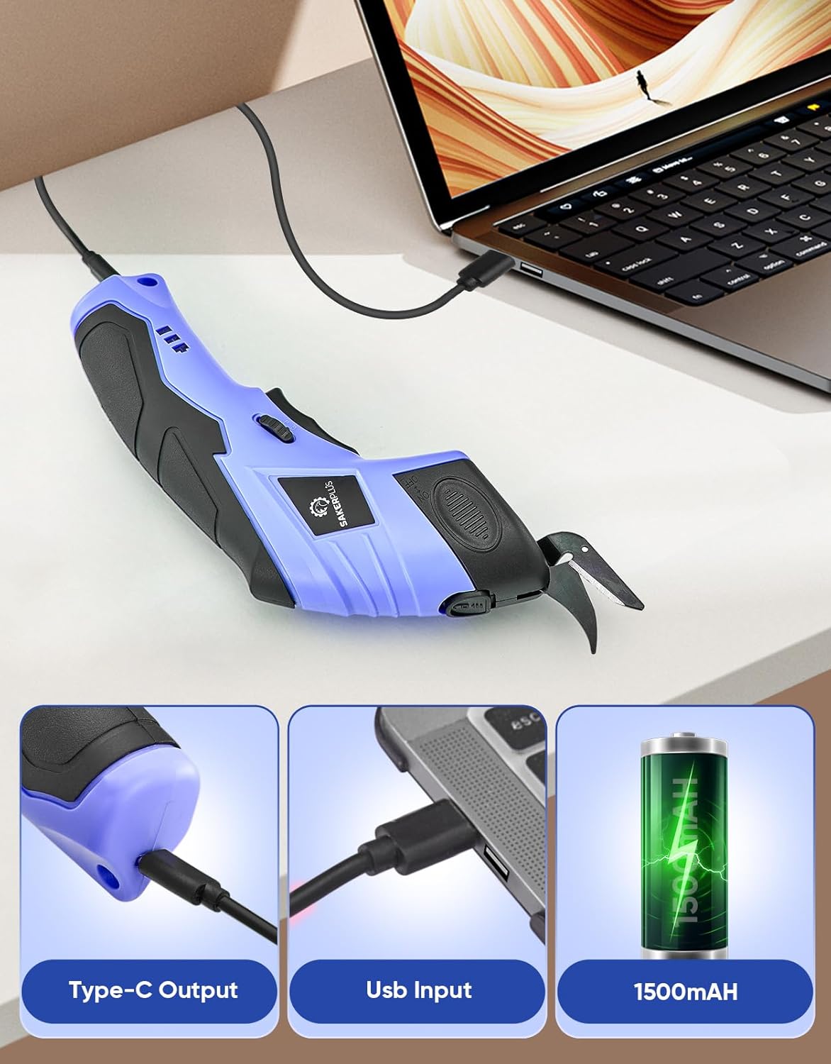 Cordless Electric Scissors, Fabric Scissors, Powerful Pinking Shears, Rechargeable Cardboard Cutter (Blue-Box(1 Tungsten Steel Blade))