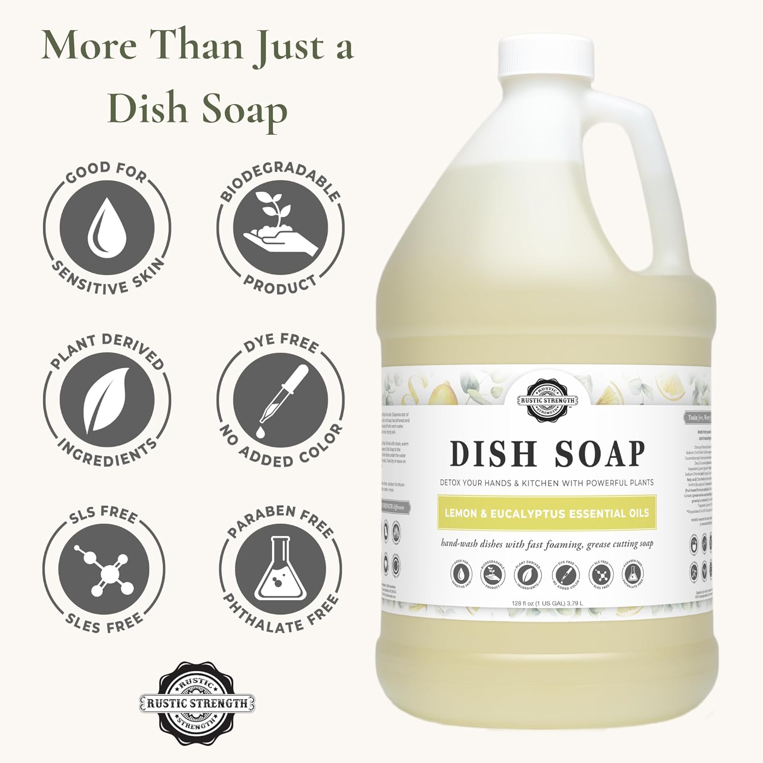 Rustic Strength Natural Dish Soap, Lemon & Eucalyptus, High-Lathering, Concentrated, Biodegradable, Plant-Based Formula, 1 Gallon Plastic