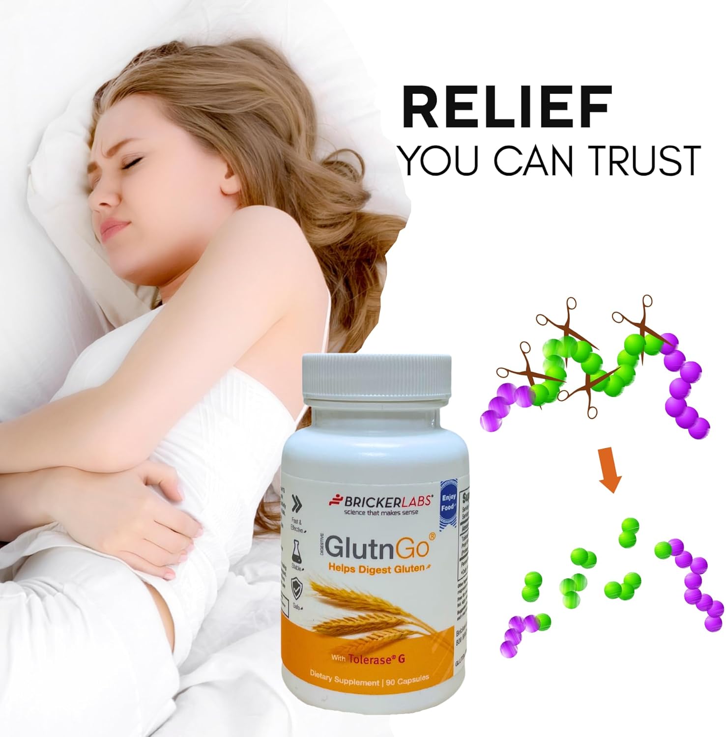 Bricker Labs GlutnGo Gluten Digestive Enzyme with Tolerase G 100mg – Supports Gluten Digestion & Digestive Comfort, 90 Capsules