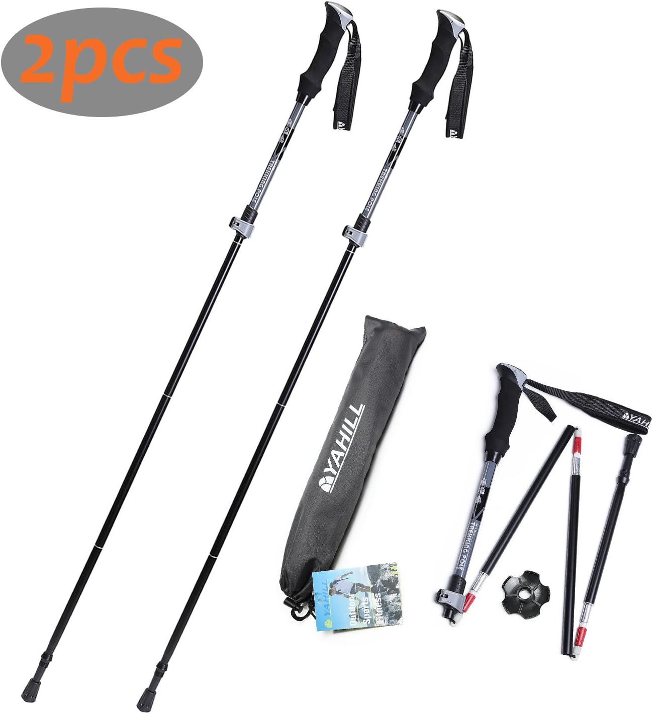 Yahill Folding Trekking Pole Collapsible Stick Ultralight Adjustable, Alpenstocks with EVA Foam Handle, or Tips Protector Replacement Set for Travel Hiking Camping Climbing Backpacking Walking
