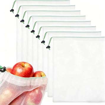 8-Pack Reusable Mesh Produce Bags - 30x35cm Eco-Friendly See-Through Vegetable Bags, Mesh Fruit Bags with Drawstring for Shopping, Storage & Organization