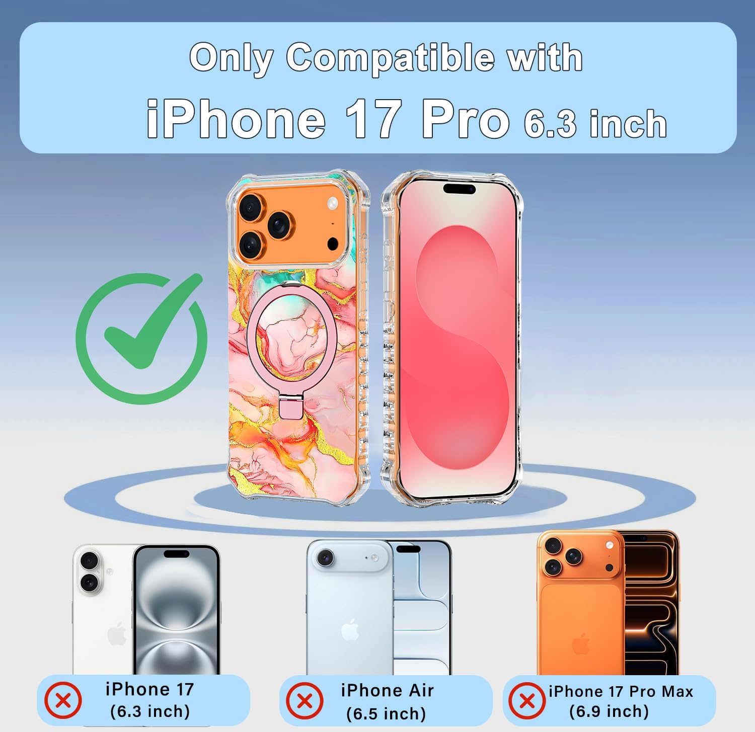 for iPhone 17 Pro Case,[Compatible with MagSafe][Invisible Magnetic Ring Stand],Slim Iridescent Wavy Women Girls Case for Apple iPhone 17 Pro 6.3"(2025),Pink Gold Marble - Image 2