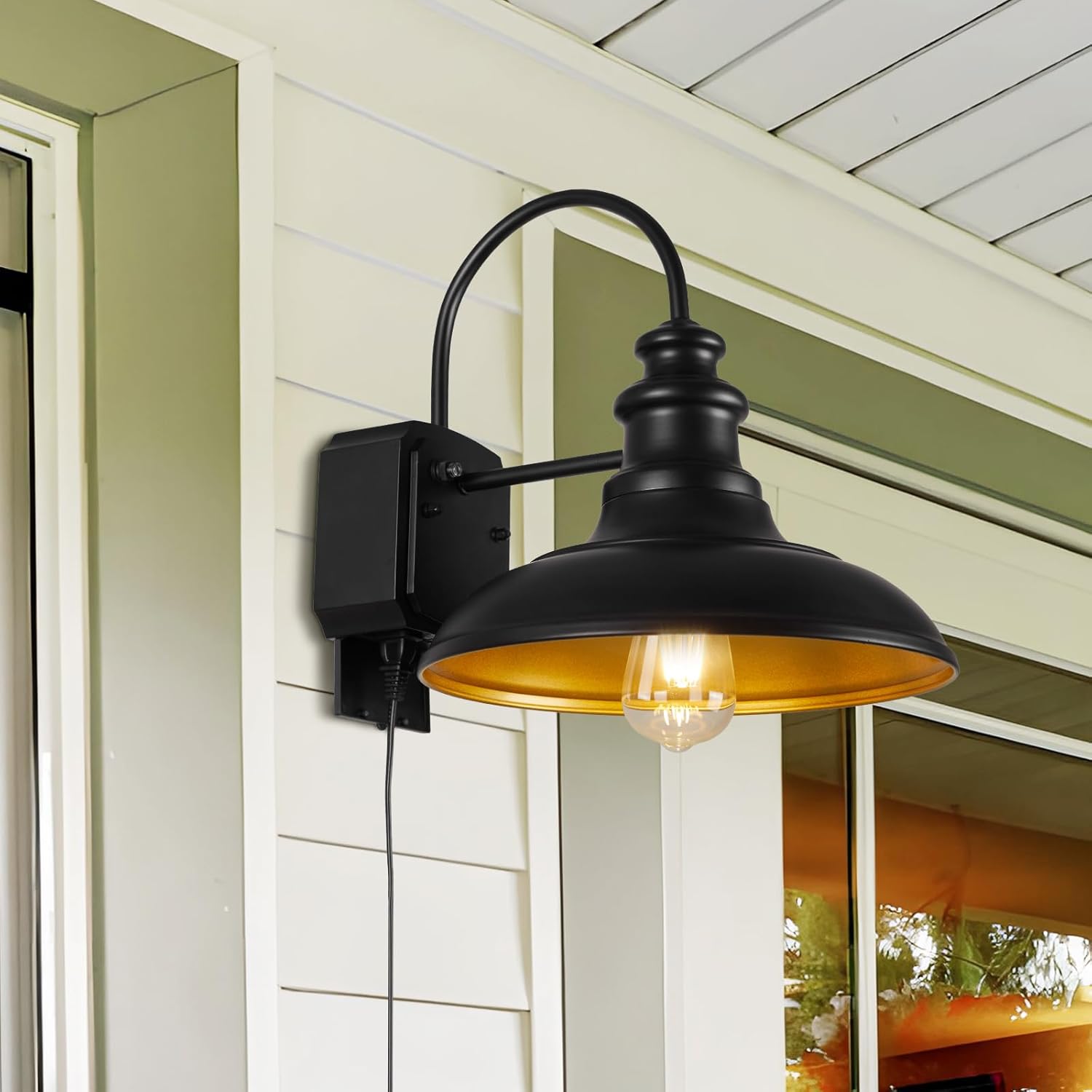 Dusk to Dawn Sensor Outdoor Barn Lights with GFCI Outlet, Farmhouse Outdoor Wall Sconces, Rustic Exterior Lighting Fixture, Industrial Wall Lantern for Porch Garage Patio,STRZ034-2W BK
