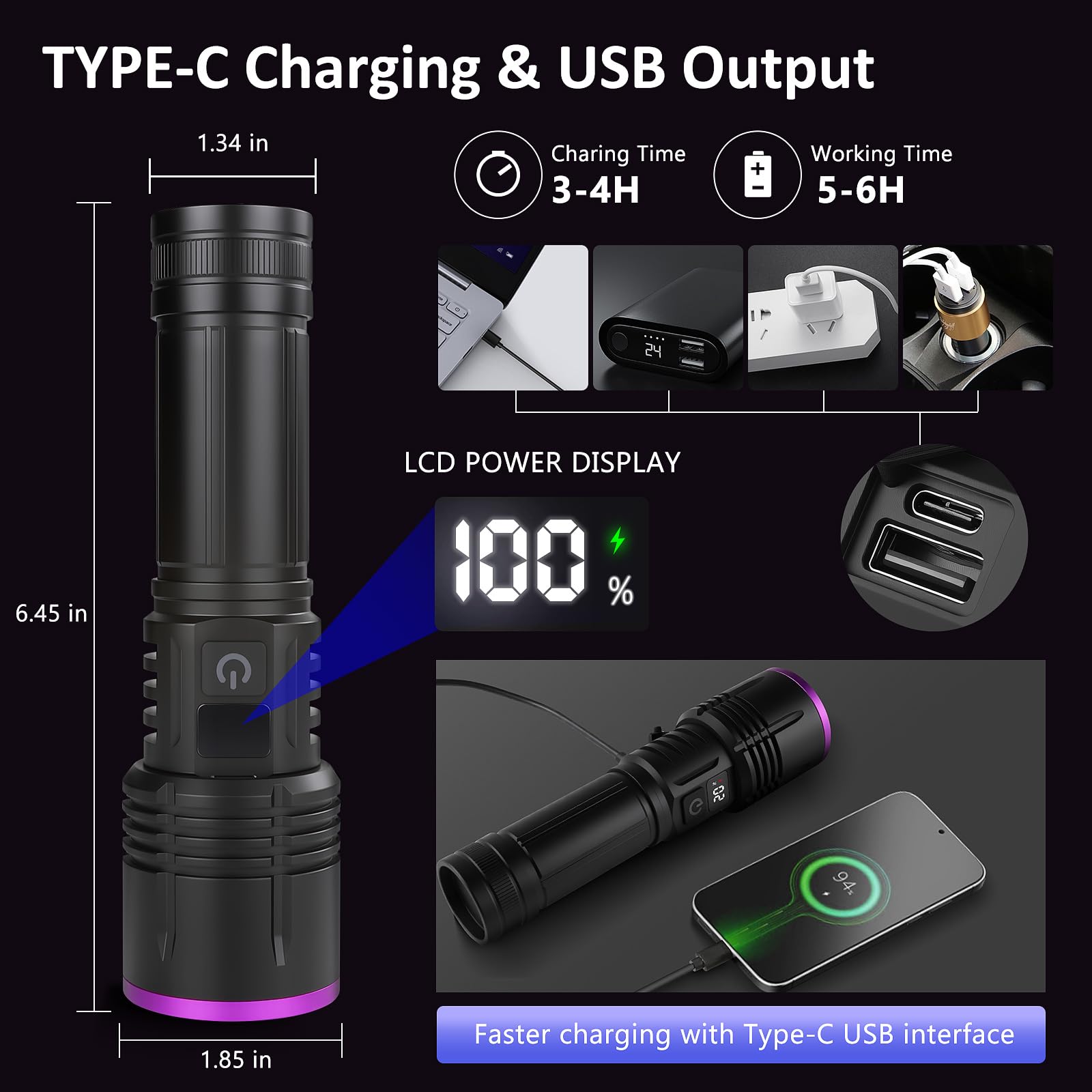 Torcia UV ricaricabile da 365 nm con display LCD, lampada UV portatile per rilevare urina di animali domestici, rete di resina, viaggio, scorpioni, monitoraggio del sangue, rocce, minerali