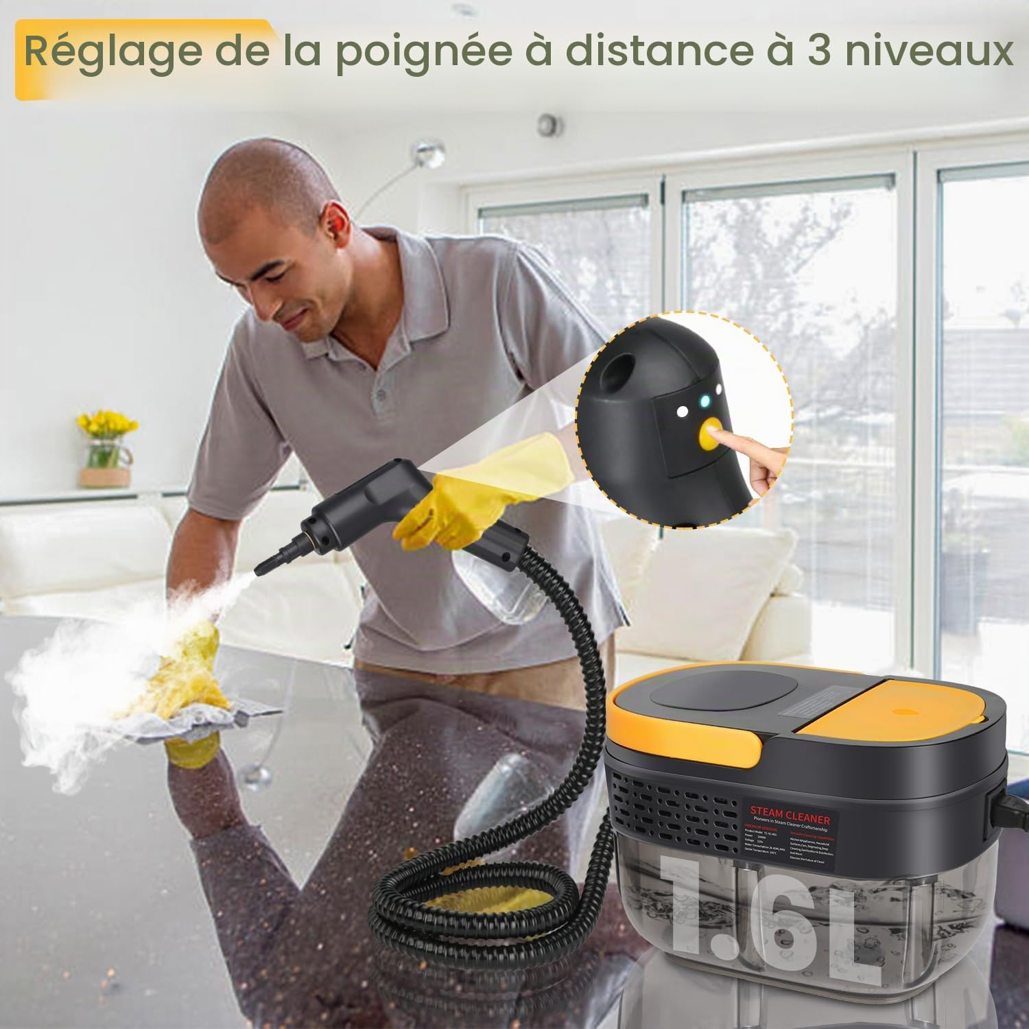 Nettoyeur Vapeur 2500W, Réservoir D’eau 1600ML, Poignée Réglable en 3 Positions, Haute Température 105℃ et Pression 3 Bar, Chauffe Rapide en 15s, 10 Accessoires, pour Voiture, Cuisine (Noir)