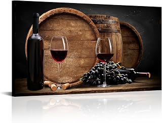 Biuteawal Red Wine Canvas Wall Art Grape Wine in Bottle Cups Painting Vintage Kitchen Decor Food the Picture Print on Canvas Dining Room Home Restaurant Decoration