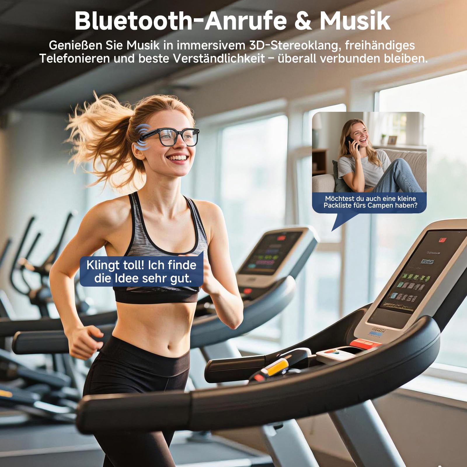AI Smart Glasses, Brille mit 800 W Kamera, 2 Paare Brillengläser, 1080P HD Video und Audiorecording mit Bildstabilisierung, /Bluetooth-Anrufe/AI-Assistent/Echtzeitübersetzung