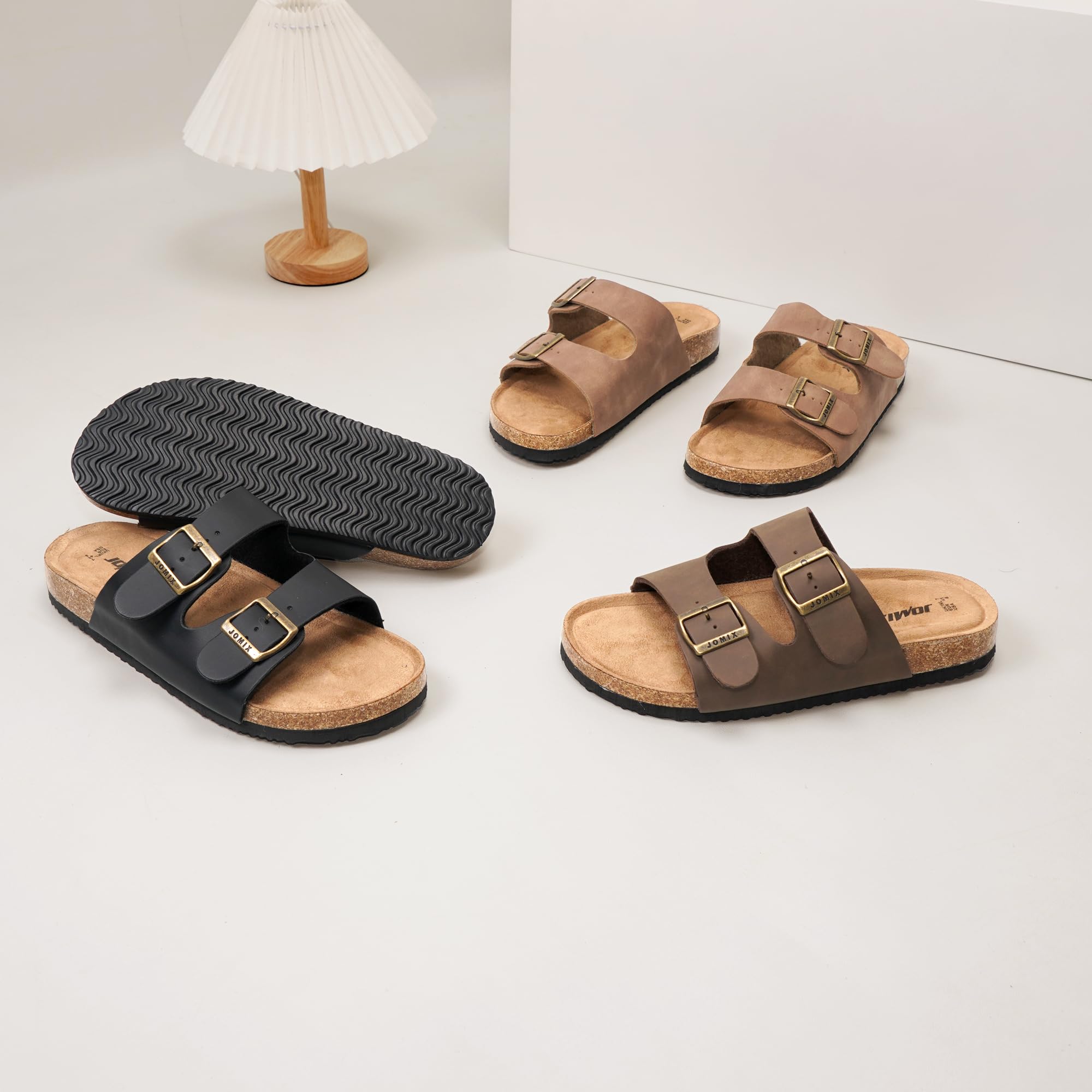 JOMIX Sandales Homme été Mules Homme à Double Boucle Réglable Claquettes Plates Confortables avec Semelle Liege pour Plage Maison