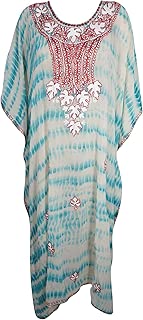 Mogul Interior Women Caftan Maxi Dress Blue Tiedye Embroidered Loose Lounger Dresses Plus Size