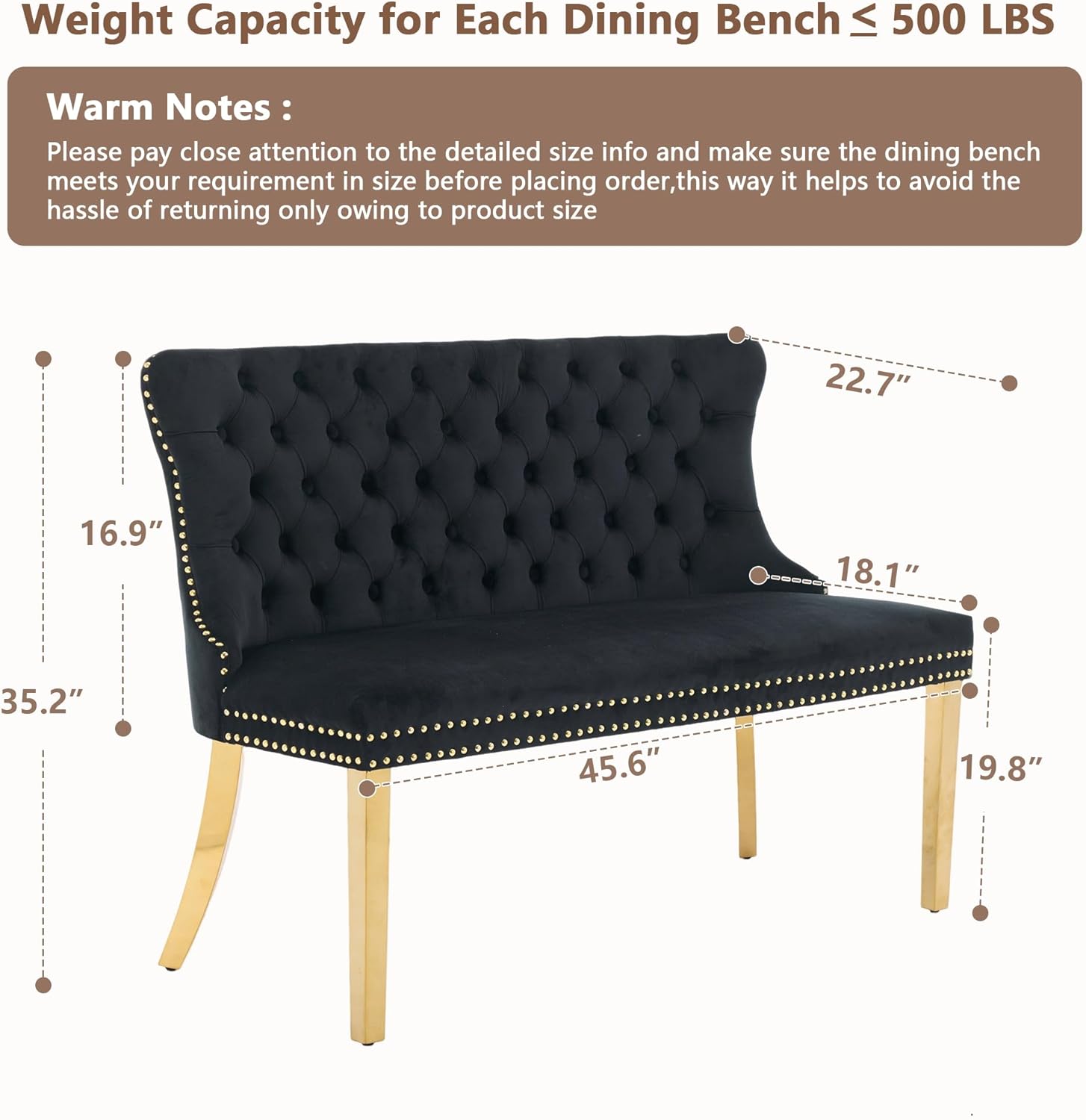 mikibama Luxury Settee Dining Bench with Back,Velvet Upholstered Banquette Benches with Nailhead Trim,Button Tufted Small Loveseat Sofa Couch Booth Seating for Small Spaces(Black Gold)