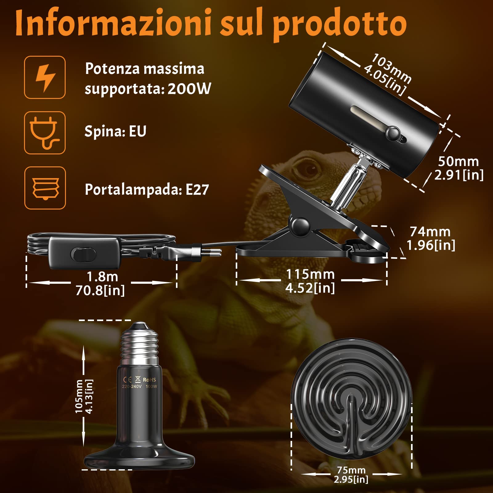 Portalampada Riscaldante E27 Per Rettili - Regolabile 360° Per Tartarughe, Serpenti E Anfibi - Foto 2