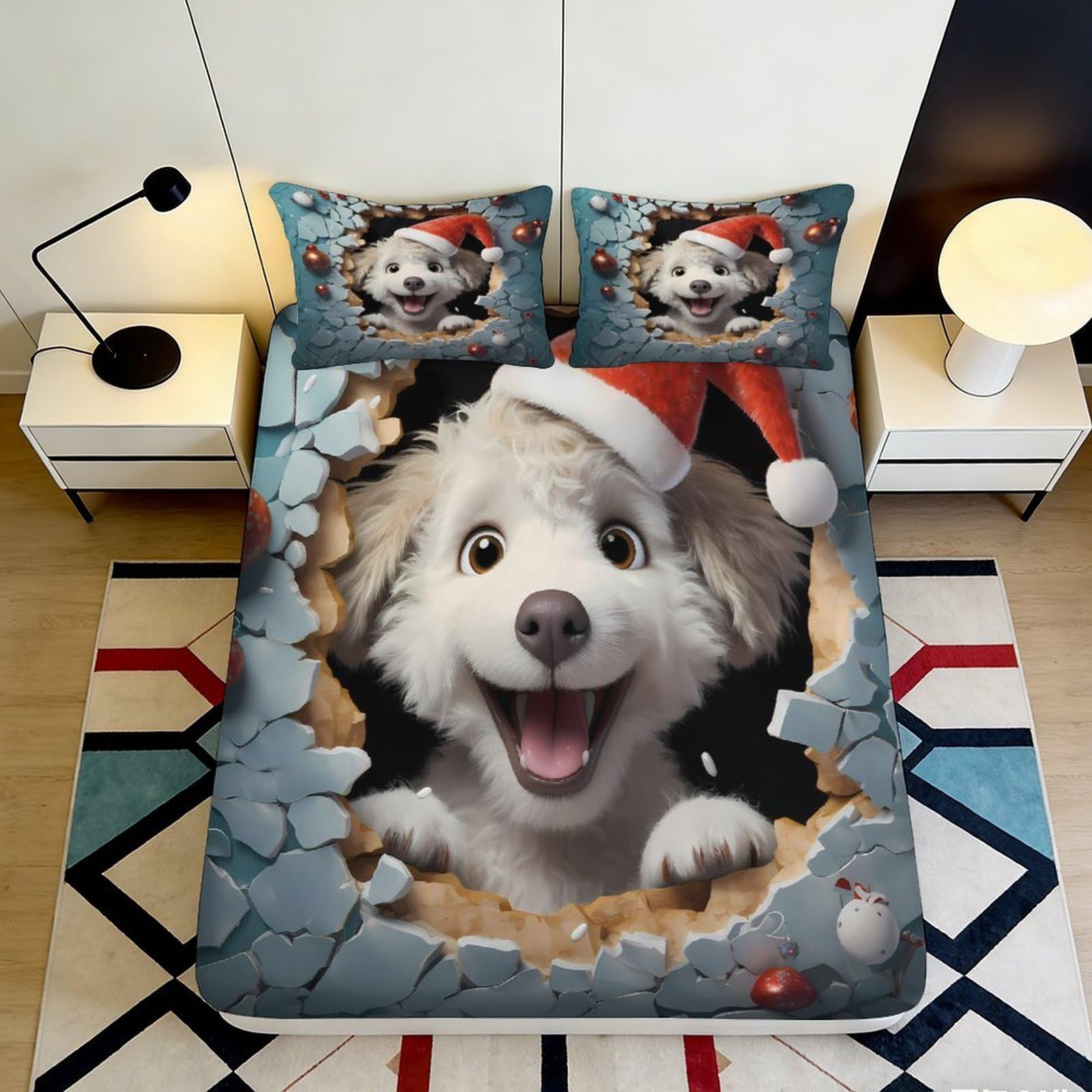 3D Printed Christmas Puppy Fitted Sheet Microfiber Soft Anti-Slip Santa Hat Dog Bed Cover for Bedroom Guest Room Decor 90x200x25cm