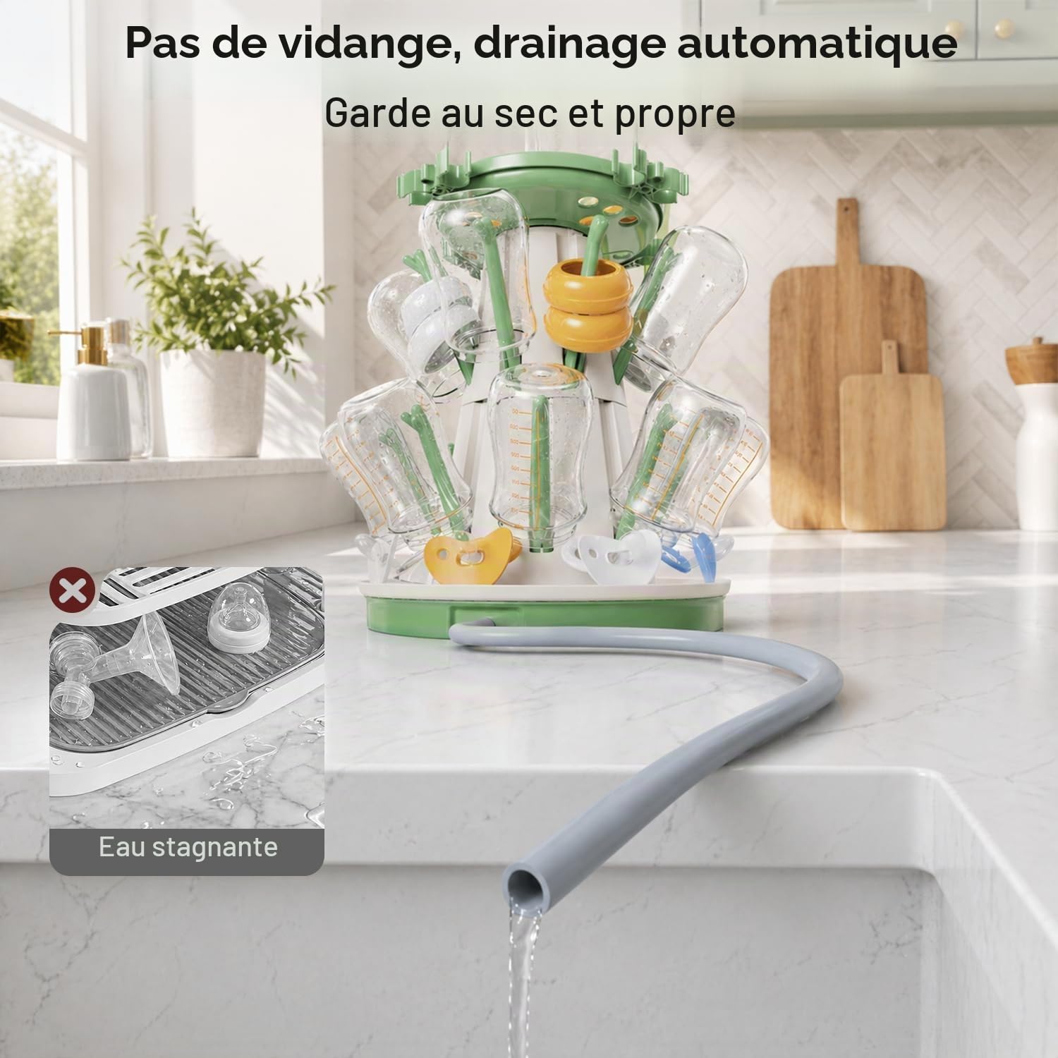 TAZENI Égouttoir à Biberons, 3 Niveaux, 20 Crochets, Tuyau d’Évacuation | Design vertical gain de place, pour tétines, sucettes et pièces de tire-lait, tuyau d’évacuation amovible