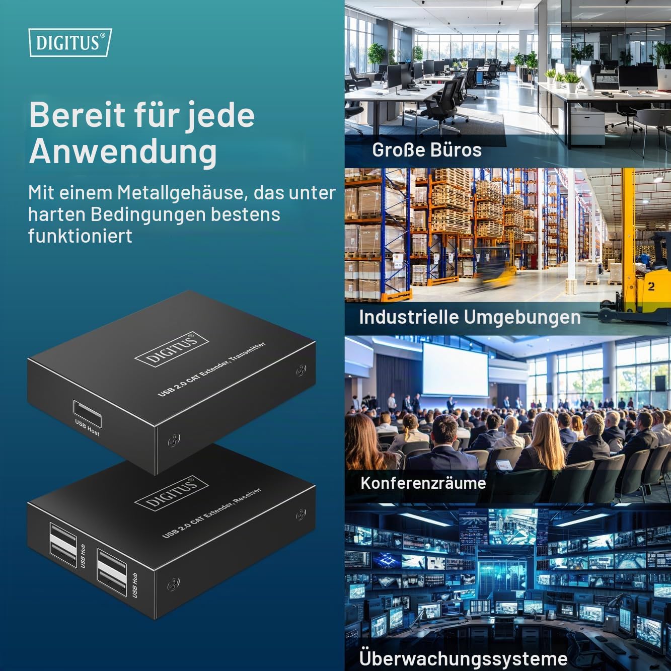 Digitus Estensore Cat Usb 2.0, 4 Porte UsB-A, 150 M (usb2.0 Catextender 4xusB-A 150m - For Use With Cat 6 [or Higher]) | 150 m Reichweite mit Cat 6/6A-Netzwerkkabel – für Kameras, Drucker, HDDs, Scanner, Tastatur – Schwarz