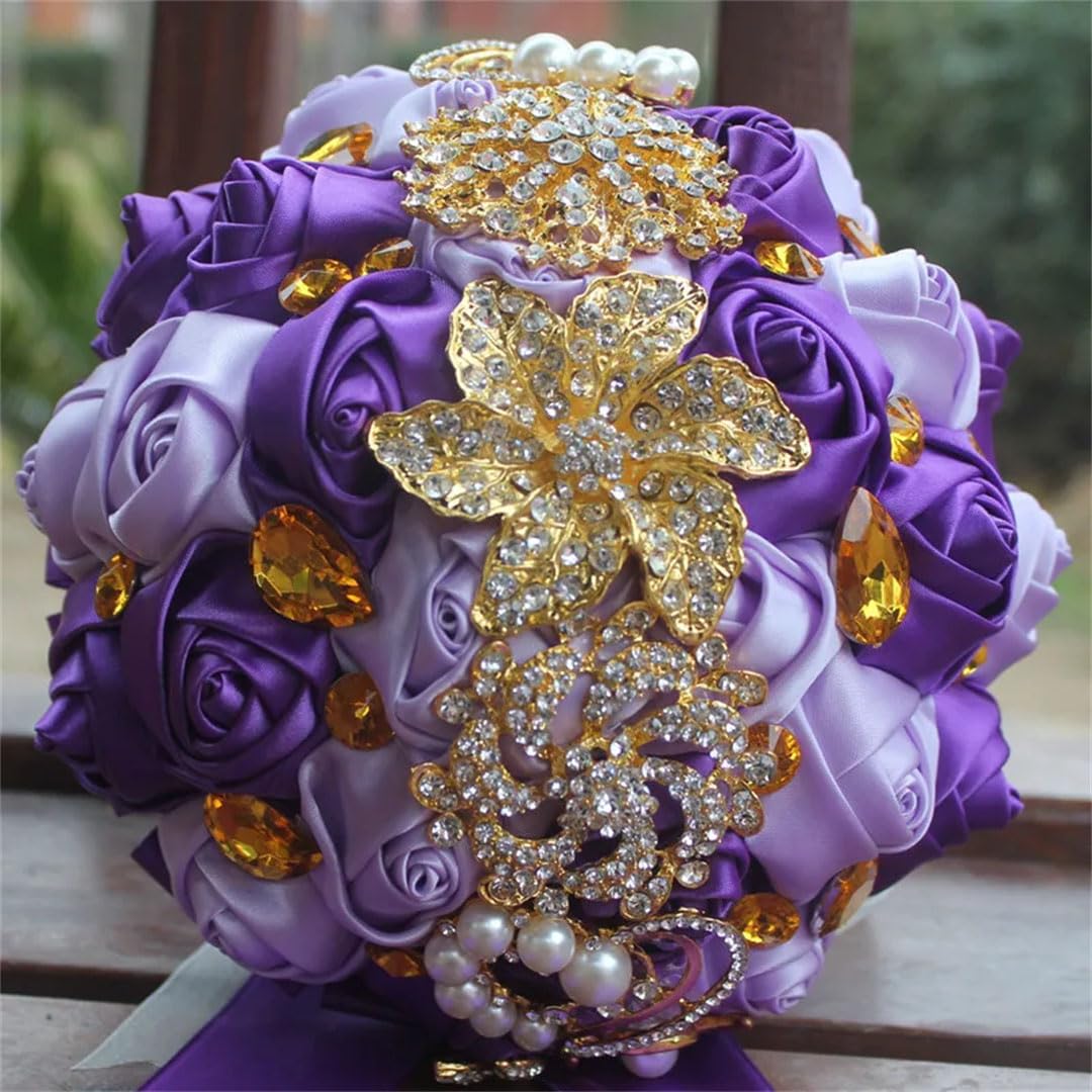 HJRegaFimu Gold Brooch Bridal Hand Holding Flower Bouquets White Crystal Solid Silk Bridesmaid Wedding Bouquet Diameter 15cm