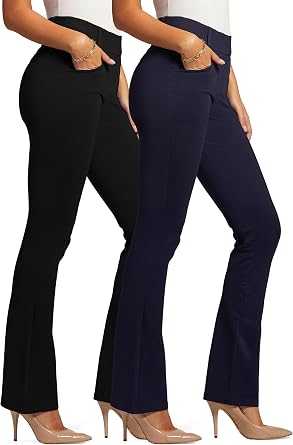 Conceited 2-Pack Stretch Slacks for Women - Wear to Work - Bootcut Dress Pants with Pockets - Black, Navy - X-Small