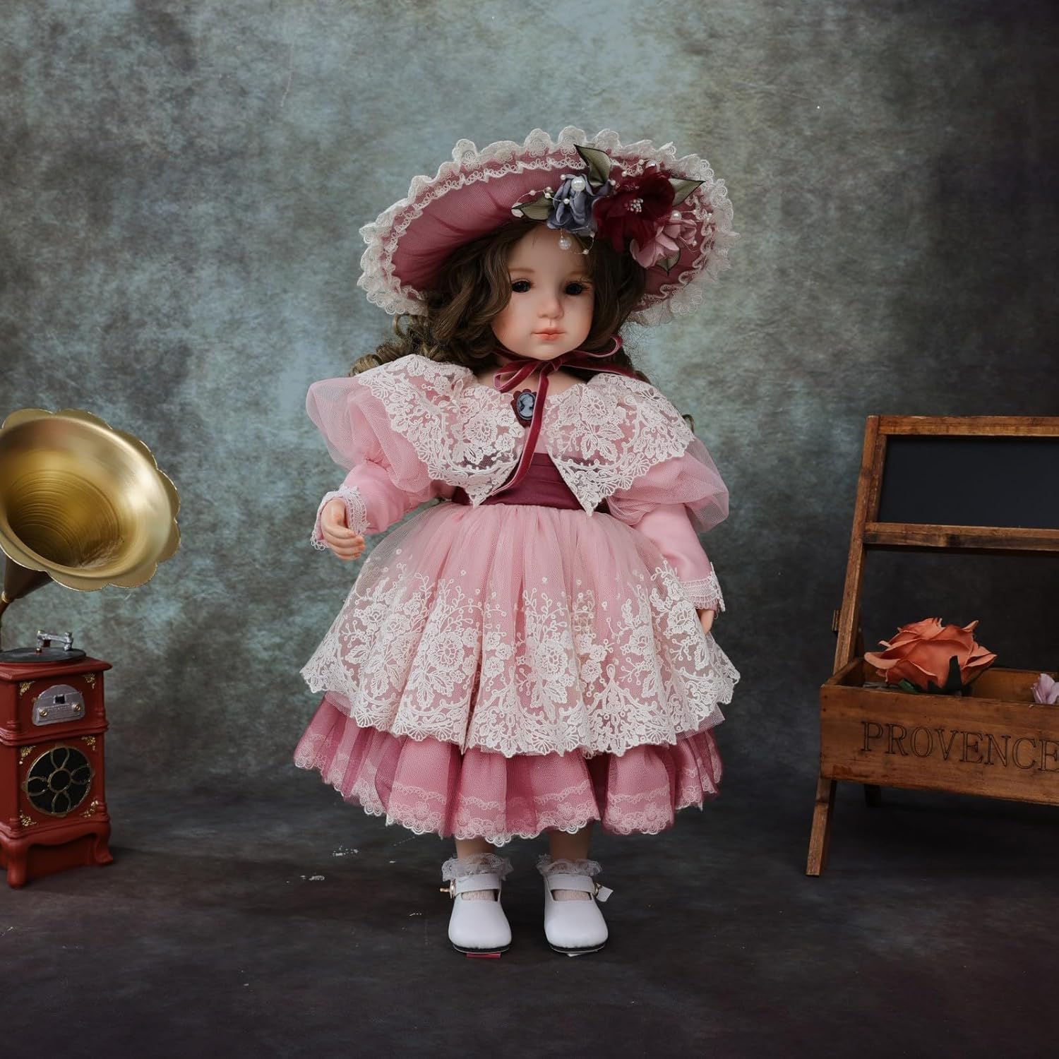 18 Inch Porcelain ＆ Fabric Doll, European Retro Handmade Ceramic Doll with Showing Stand for Room Decor, Birthday Gifts, Collectible，Name Lilian (Pink)
