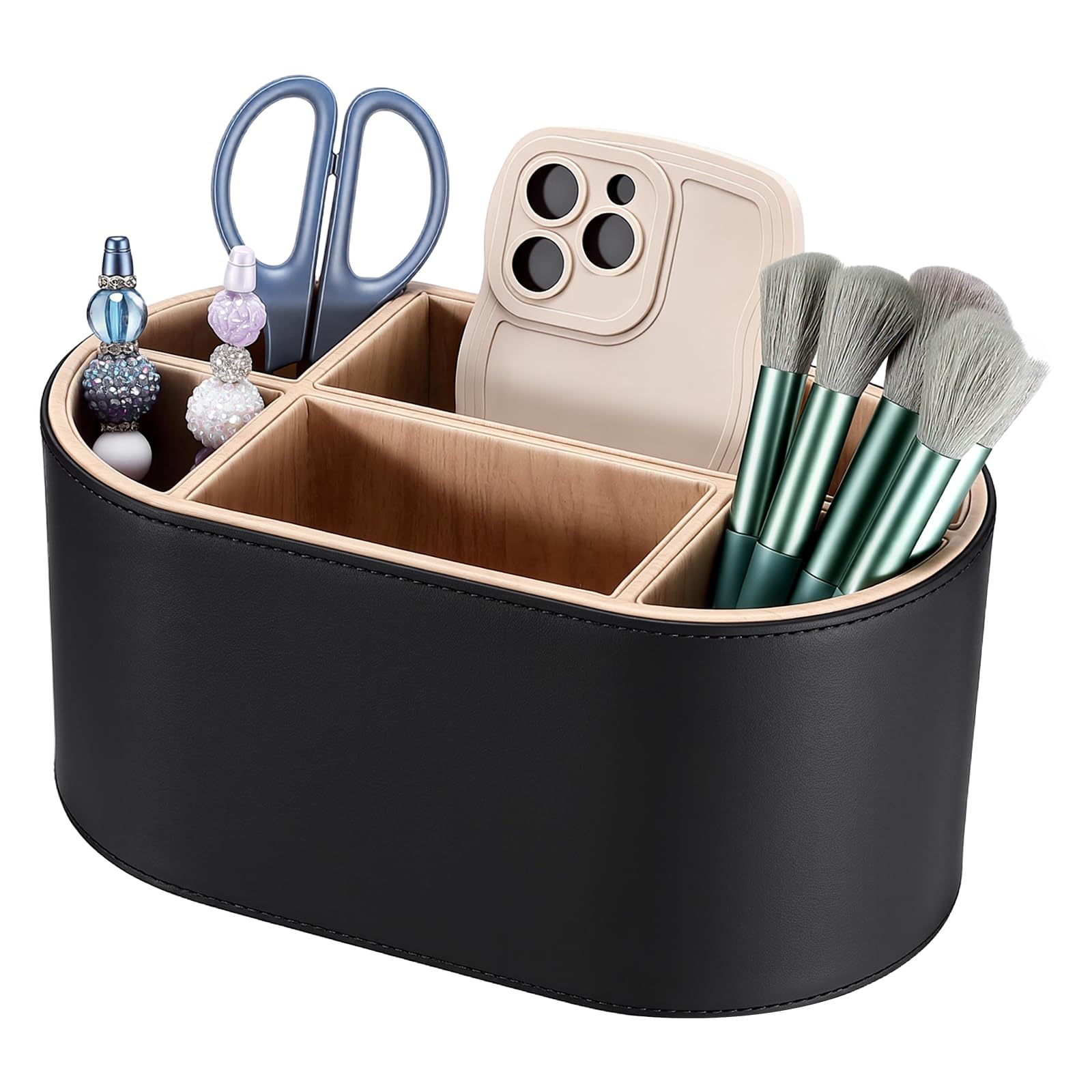 Organizer da scrivania ovale in pelle PU, con scomparti multipli, organizer per accessori, per telecomandi, penne, pennelli da trucco, ufficio, casa, scuola (nero)