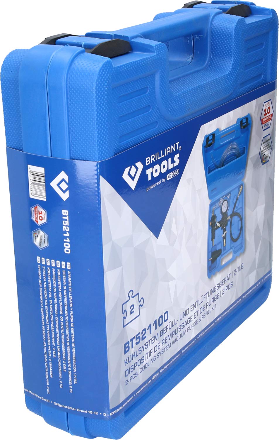 Kit de Remplissage et de Purge Universel BT521100-4 Pièces pour Système de Refroidissement et de Ventilation Voiture - Sans Bulles d’Air - Adaptateur et Boîte de Rangement - BRILLIANT TOOLS