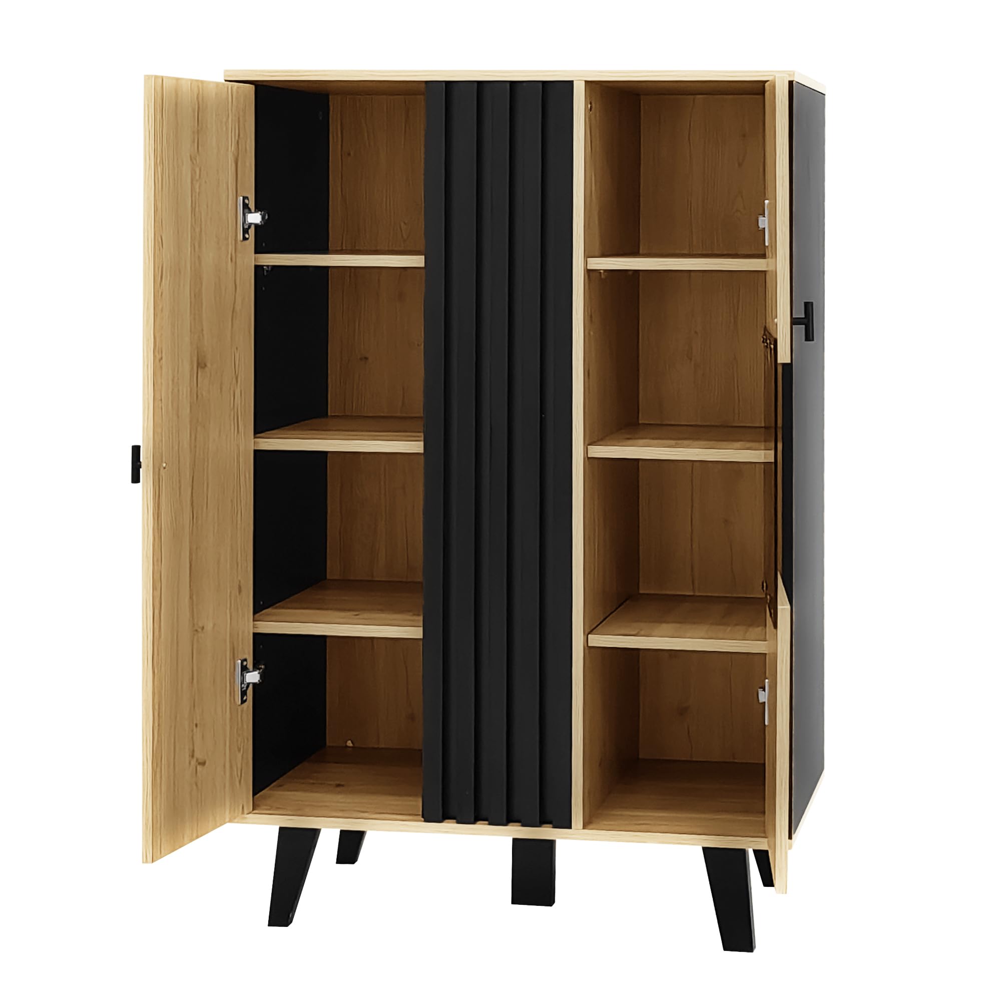 KAZZIO Armarios auxiliares, aparador, vitrinas con cristal e iluminación LED. Contiene laminados, una combinación de colores negro y madera, diseño único de rayas de madera negra