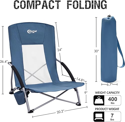 Miniatura 3 de PORTAL Sillas de playa para adultos, silla portátil baja y ligera con soporte para tazas, bolsa de transporte trasera de malla para exteriores,