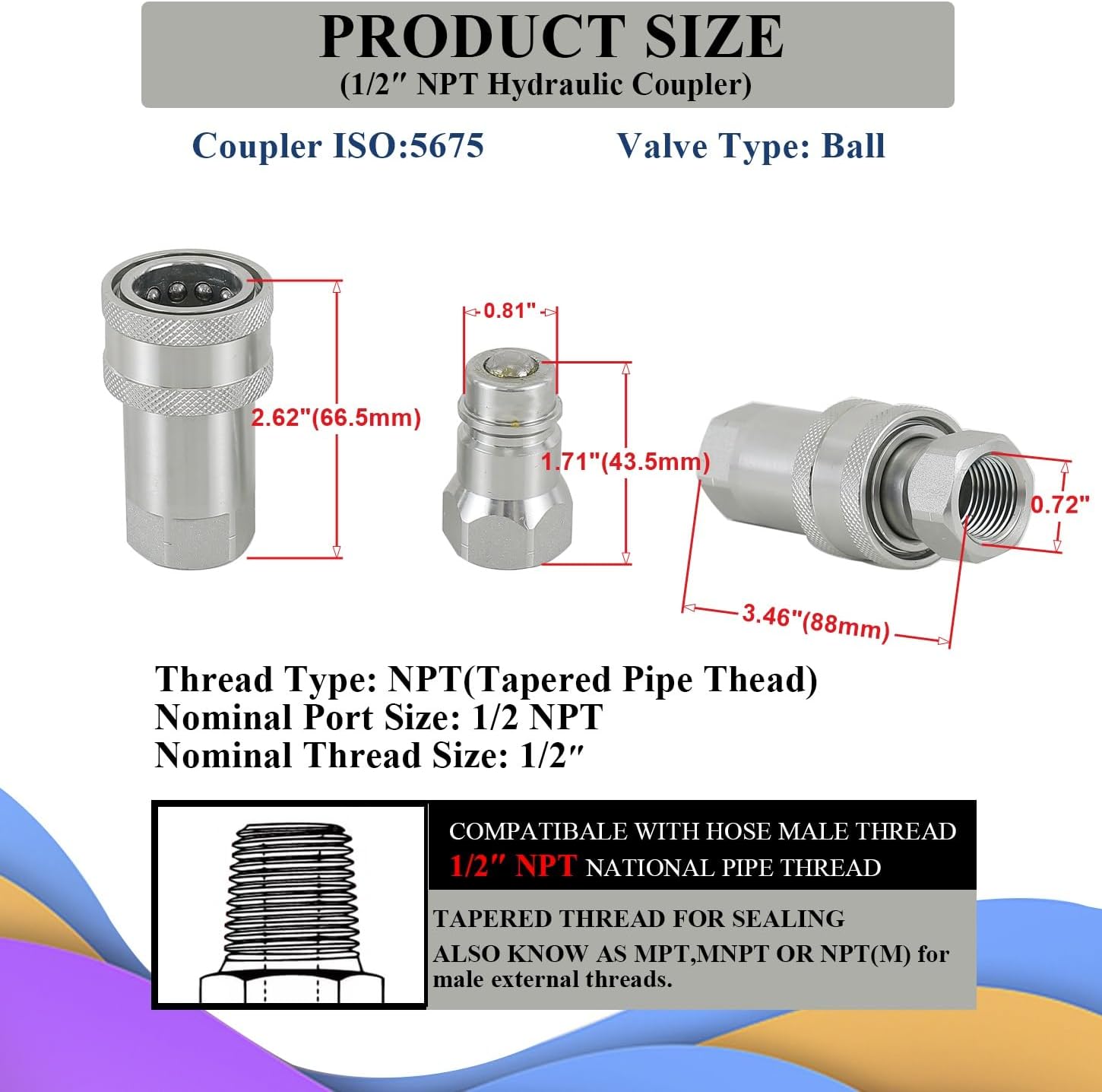 2 Sets 1/2" NPT Ball Pioneer Style Hydraulic Quick Couplers Connectors Fittings for Tractors(ISO 5675)