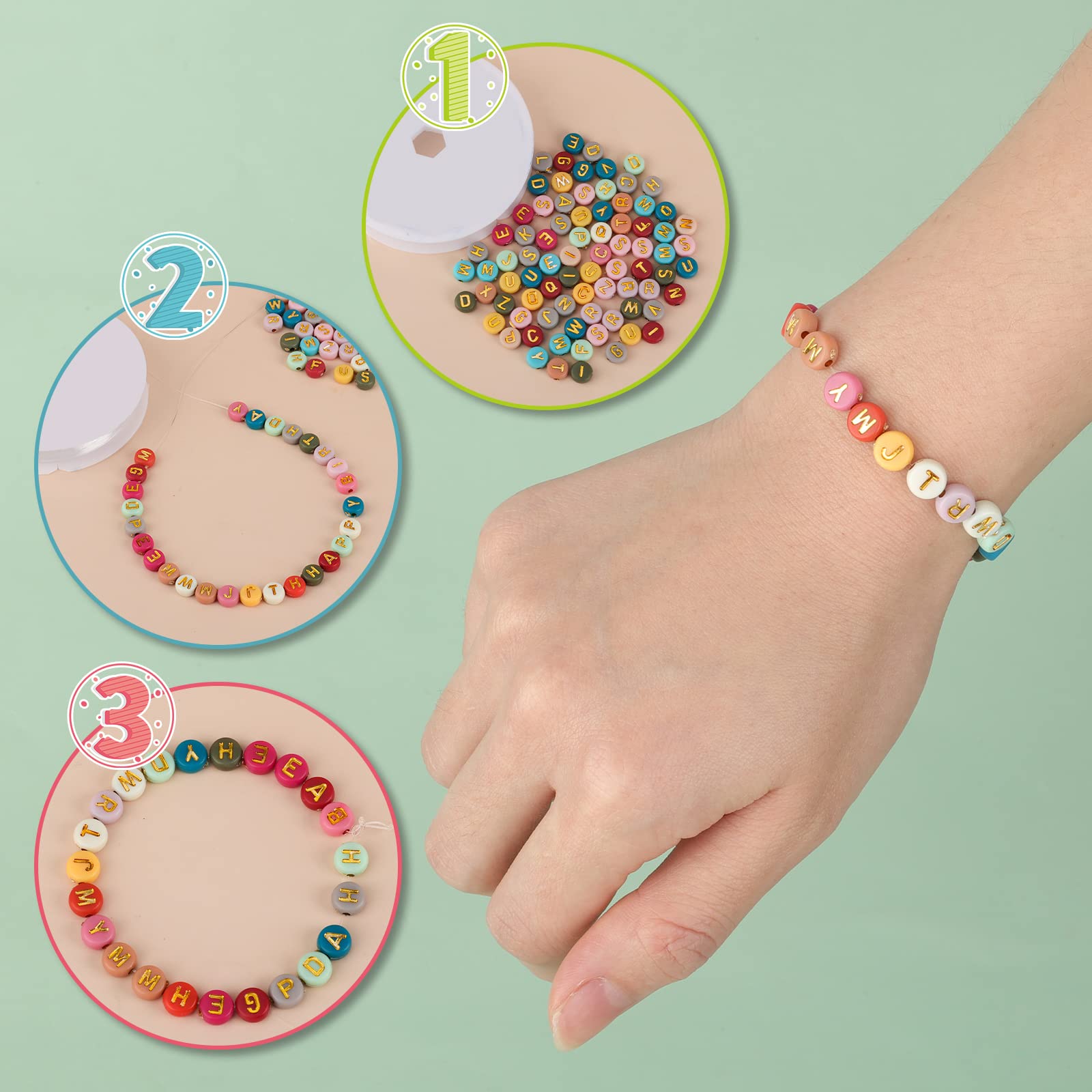 SAVITA Lot De 1200 Perles Rondes En Acrylique Avec Lettre De A à Z Avec 1 Rouleau De Cordon élastique En Cristal Pour La Fabrication De Bijoux, Bracelets, Colliers, Travaux Manuels