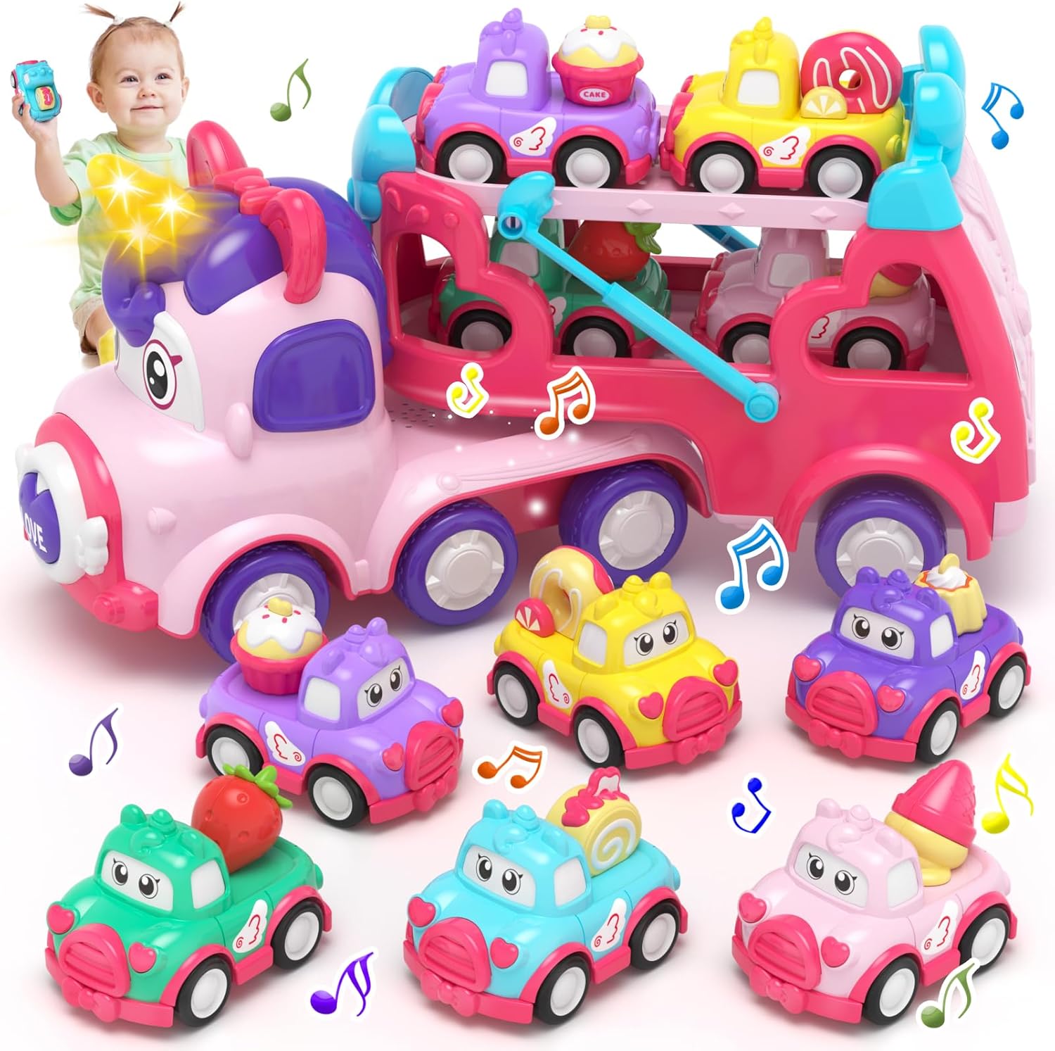 newcrave 7 in 1 Carrier Truck Toys for 1 2 3 Year Old Girl, Toddler Girl Toys Age 1-3, Car Toys Truck with Light & Music, 1 2 3 Year Old Birthday Gifts Christmas