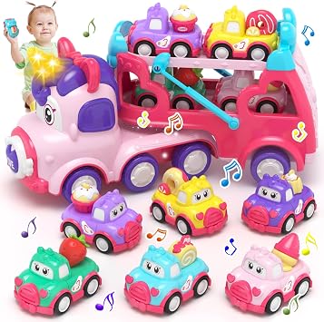 newcrave 7 in 1 Carrier Truck Toys for 1 2 3 Year Old Girl, Toddler Girl Toys Age 1-3, Car Toys Truck with Light & Music, 1 2 3 Year Old Birthday Gifts Christmas