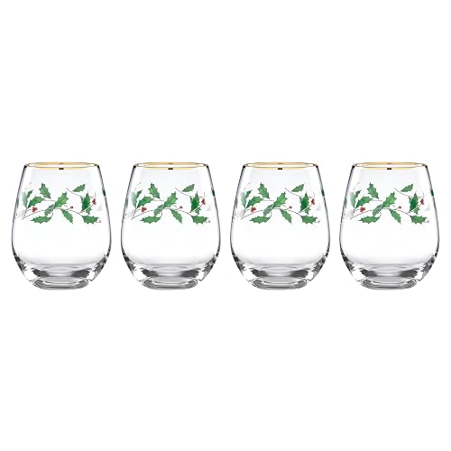 Lenox Holiday Stemless Wine Glasses, 14oz, Christmas Set of 4